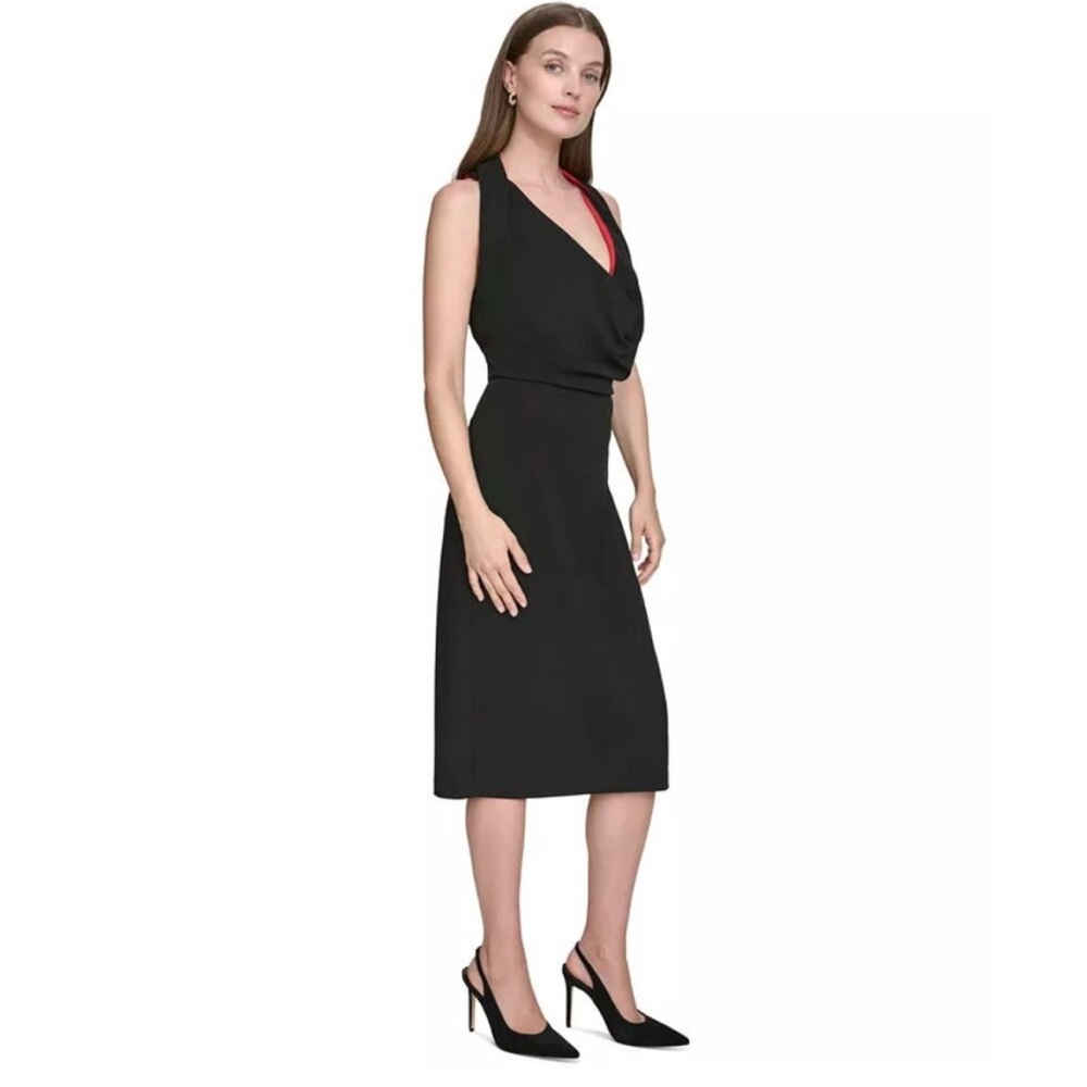 Halston Black Cowl Neck Draped Sheath Dress